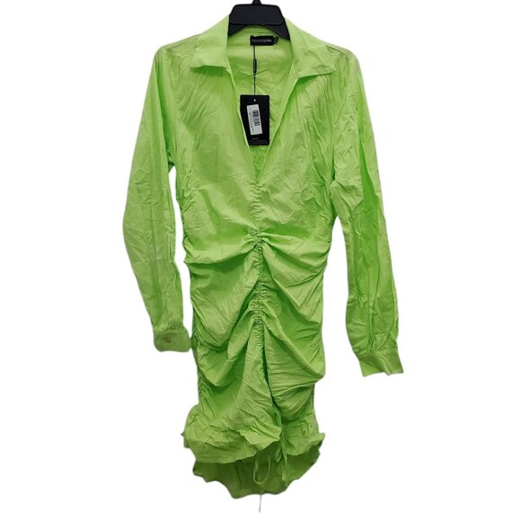 PrettyLittleThing Women's Lime Long Sleeve‎ Ruched Frill Hem Shirtdress NWT US 8 - Picture 1 of 9